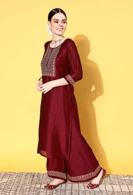 Maroon Zari Sequence Embroidered Chinon Silk Kurta Palazzo with Dupatta 3