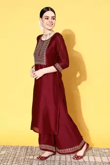Maroon Zari Sequence Embroidered Chinon Silk Kurta Palazzo with Dupatta