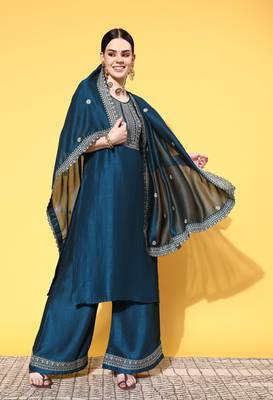 Teal Zari Sequence Embroidered Chinon Silk Kurta Palazzo with Dupatta 1