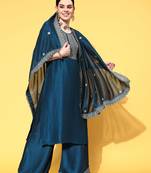 Teal Zari Sequence Embroidered Chinon Silk Kurta Palazzo with Dupatta