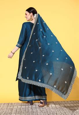 Teal Zari Sequence Embroidered Chinon Silk Kurta Palazzo with Dupatta 2