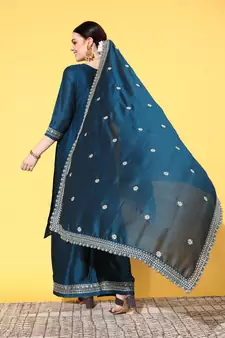Teal Zari Sequence Embroidered Chinon Silk Kurta Palazzo with Dupatta