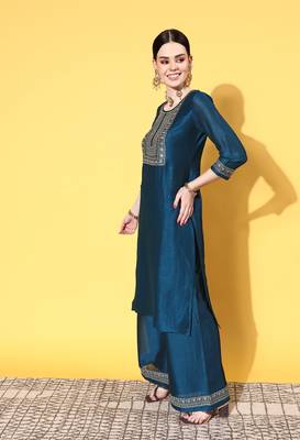 Teal Zari Sequence Embroidered Chinon Silk Kurta Palazzo with Dupatta 3