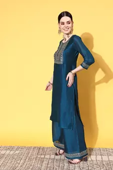 Teal Zari Sequence Embroidered Chinon Silk Kurta Palazzo with Dupatta