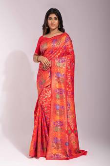 Red woven Banarasi silk blend saree with blouse