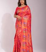 Red woven Banarasi silk blend saree with blouse