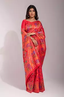 red woven silk blend blend saree with blouse