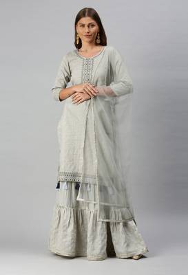 Green Embroidered Chiffon Kurta With Sharara and Net Dupatta 1