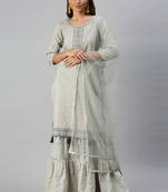 Green Embroidered Chiffon Kurta With Sharara and Net Dupatta