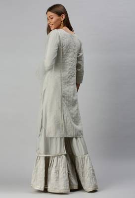 Green Embroidered Chiffon Kurta With Sharara and Net Dupatta 2