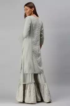 Green Embroidered Chiffon Kurta With Sharara and Net Dupatta