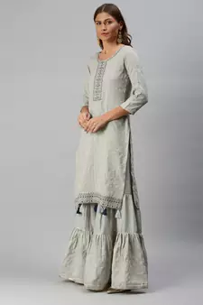 Green Embroidered Chiffon Kurta With Sharara and Net Dupatta