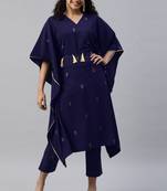 Navy Blue Foil Printed Crepe Kaftan With Pant Set