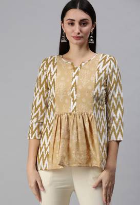 Yellow Ikat Print With Gold Foil Cotton Blend Short Kurti 1