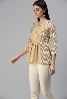 Yellow Ikat Print With Gold Foil Cotton Blend Short Kurti 3