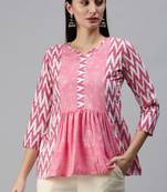 Pink Ikat Print With Gold Foil Cotton Blend Short Kurti