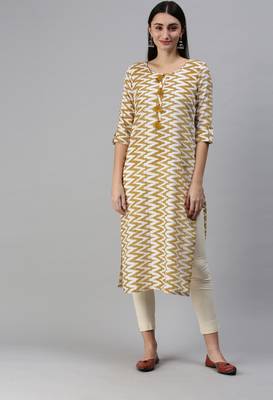 Yellow Ikat Printed With Tassels Cotton Blend Straight Kurta 1