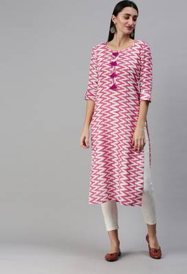 Pink Ikat Printed With Tassels Cotton Blend Straight Kurta 1