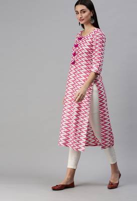 Pink Ikat Printed With Tassels Cotton Blend Straight Kurta 3