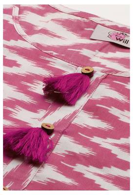 Pink Ikat Printed With Tassels Cotton Blend Straight Kurta 4