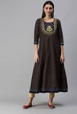 Navy Blue Bandhani Print Gold Foil Cotton Blend A-Line Kurta 1