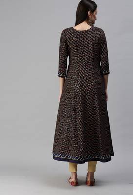 Navy Blue Bandhani Print Gold Foil Cotton Blend A-Line Kurta 2