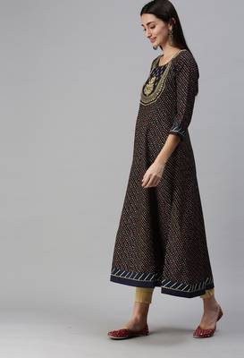 Navy Blue Bandhani Print Gold Foil Cotton Blend A-Line Kurta 3