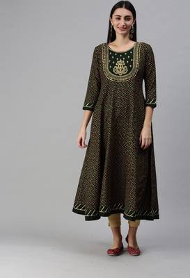 Green Bandhani Print Gold Foil Cotton Blend A-Line Kurta 1