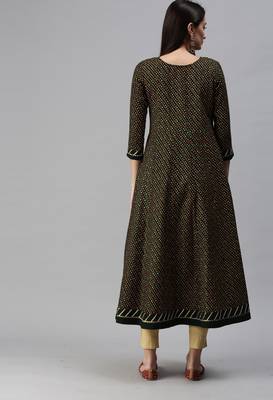 Green Bandhani Print Gold Foil Cotton Blend A-Line Kurta 2