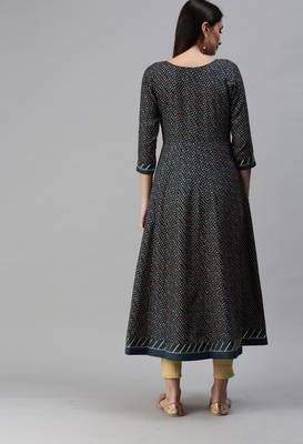 Teal Bandhani Print Gold Foil Cotton Blend A-Line Kurta 2