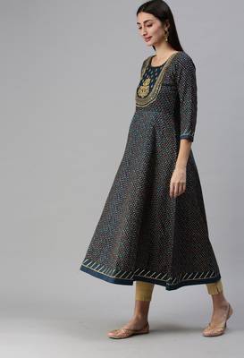 Teal Bandhani Print Gold Foil Cotton Blend A-Line Kurta 3
