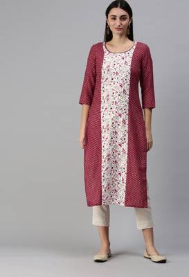 Maroon Gold Foil With Floral Printed Cotton Blend Straight Kurta 1