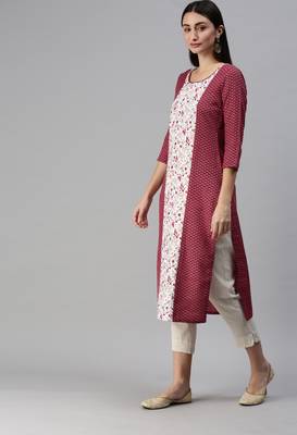 Maroon Gold Foil With Floral Printed Cotton Blend Straight Kurta 3