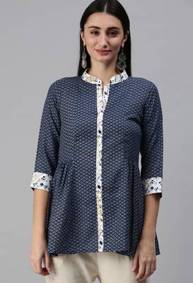 Blue Gold Foil With Geometric Printed Cotton Blend Tunic 1