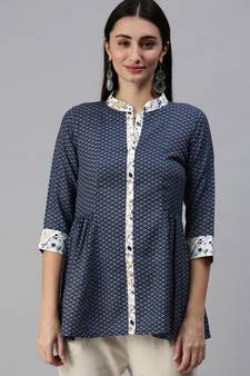 Blue Gold Foil With Geometric Printed Cotton Blend Tunic