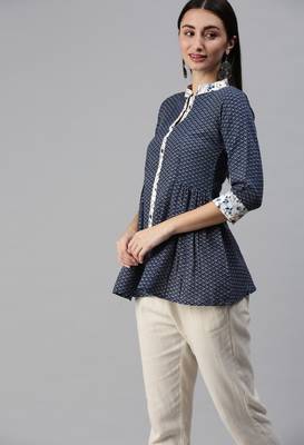 Blue Gold Foil With Geometric Printed Cotton Blend Tunic 3