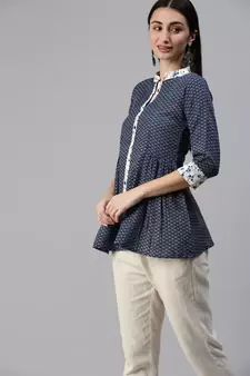 Blue Gold Foil With Geometric Printed Cotton Blend Tunic