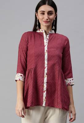 Maroon Gold Foil With Geometric Printed Cotton Blend Tunic 1
