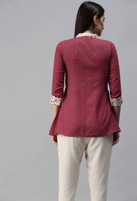 Maroon Gold Foil With Geometric Printed Cotton Blend Tunic 2