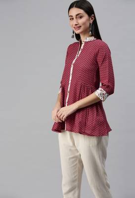 Maroon Gold Foil With Geometric Printed Cotton Blend Tunic 3