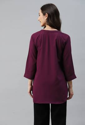 Wine Solid With Buttons Crepe Straight Top 2