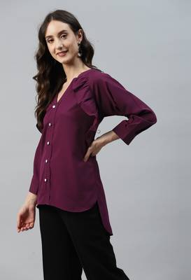 Wine Solid With Buttons Crepe Straight Top 3