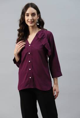Wine Solid With Buttons Crepe Straight Top 4