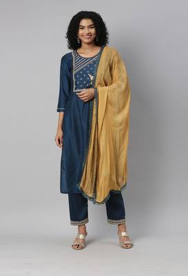 Blue Sequence Zari Embroidered Muslin Straight Kurta Pant With Dupatta 1