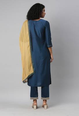 Blue Sequence Zari Embroidered Muslin Straight Kurta Pant With Dupatta 2