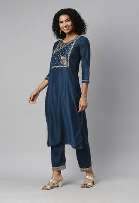 Blue Sequence Zari Embroidered Muslin Straight Kurta Pant With Dupatta 3
