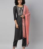 Grey Sequence Zari Embroidered Muslin Straight Kurta Pant With Dupatta