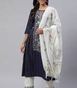 Blue Sequence Shiffly Lace Embroidered With Pleated Ruby Silk Kurta Pant With Dupatta