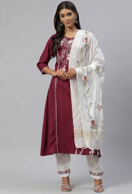 Maroon Sequence Shiffly Lace Embroidered With Pleated Ruby Silk Kurta Pant With Dupatta 1