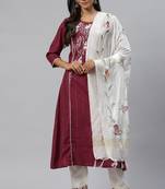 Maroon Sequence Shiffly Lace Embroidered With Pleated Ruby Silk Kurta Pant With Dupatta